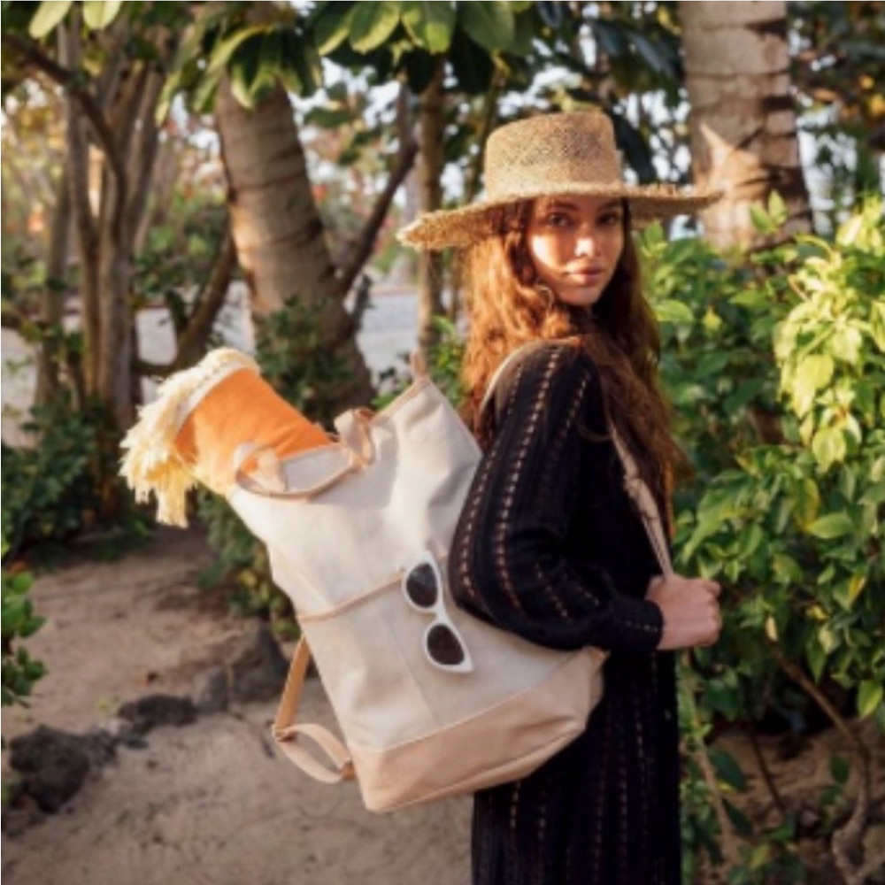 BEIS Everyday Convertible Backpack Tote Beige Cotton Canvas‎ Faux Leather Straps